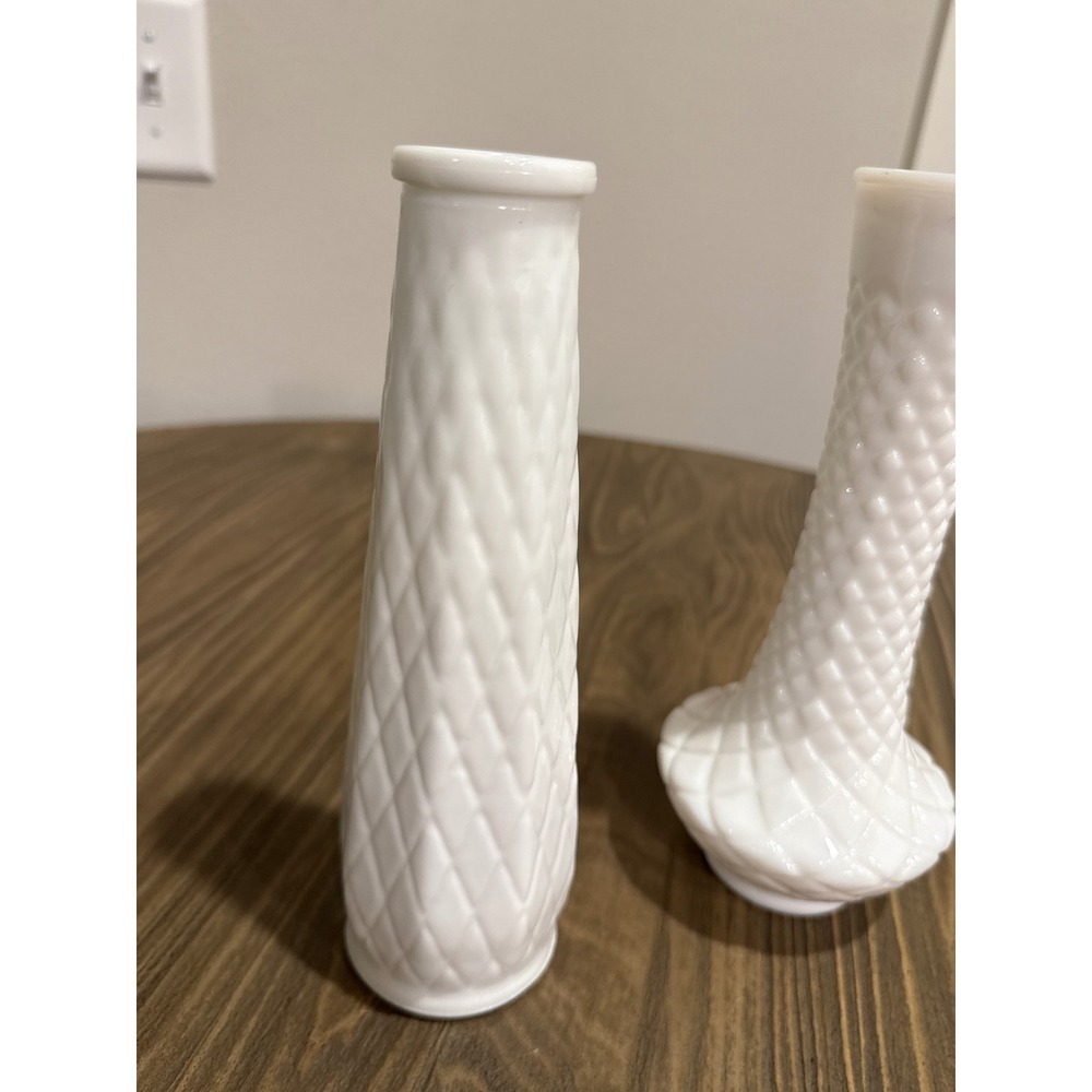 Vintage Milk Glass Bud Vases Set of 2 White Diamond Quilted Pattern & Swirl 9" - Picture 2 of 7
